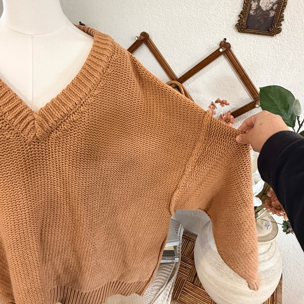Free People Oversized V-Neck Sweater in Camel - Picture 2 of 6